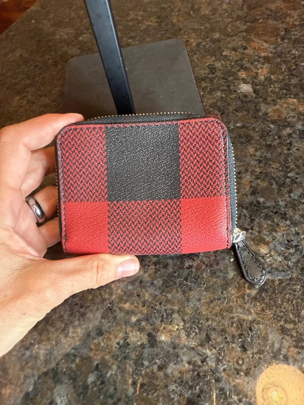 Coach Red and Black Checkered Leather Trifold Compact Wallet